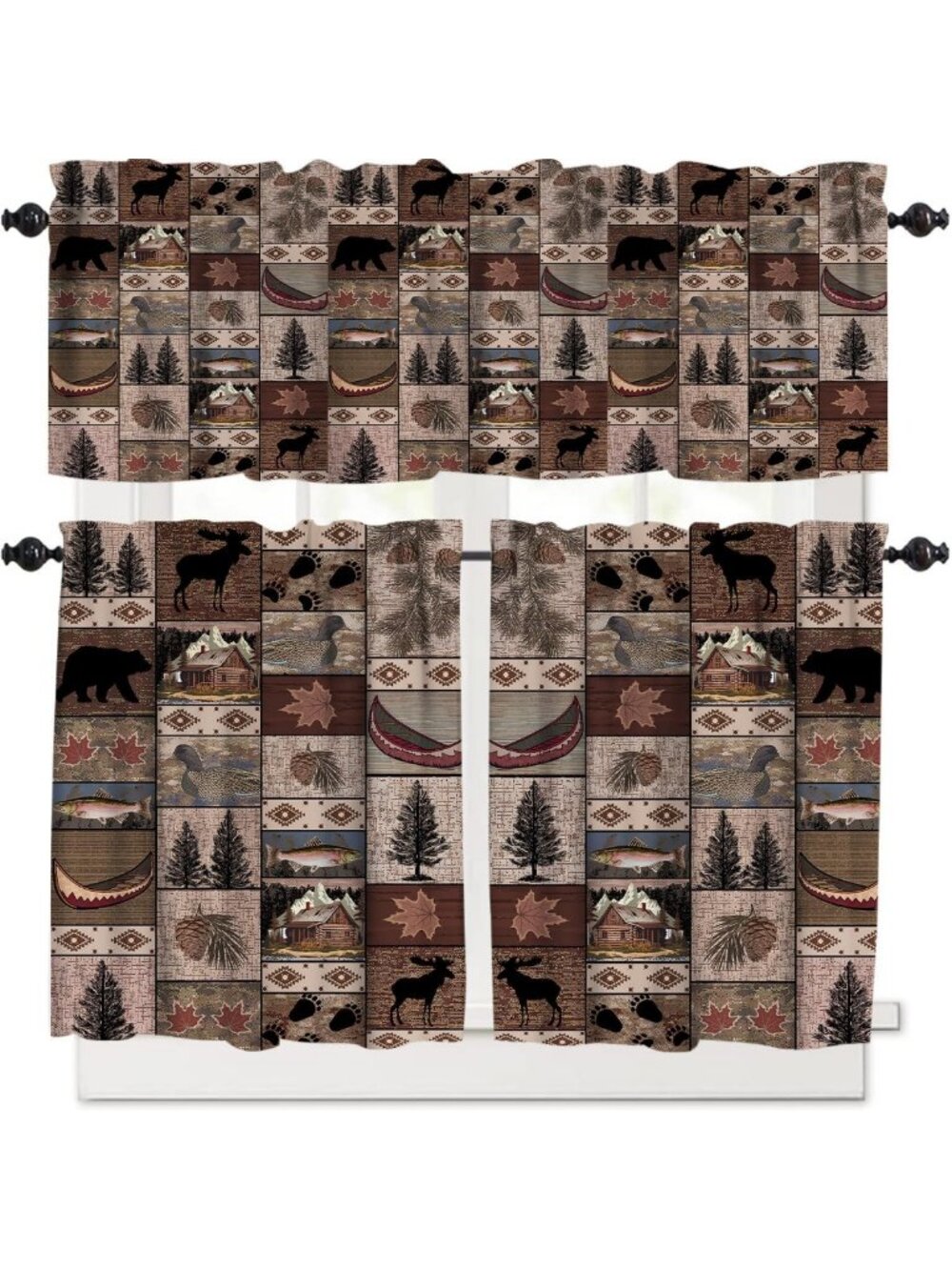 Rustic Retro Curtain Set - Vintage Moose Bear Leaf Valances & Tier for Farmhouse